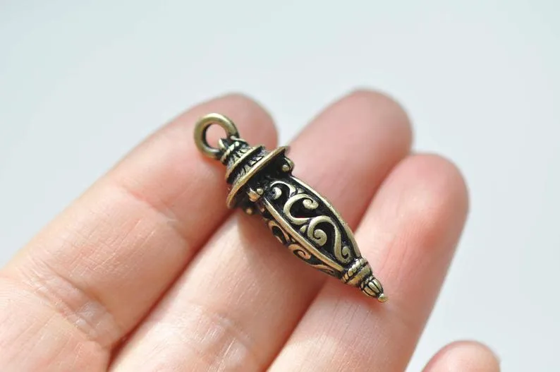 Antique Bronze 3D Filigree Lantern Lamp Long Pendant 11x35mm Set of 6