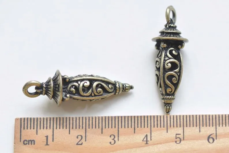 Antique Bronze 3D Filigree Lantern Lamp Long Pendant 11x35mm Set of 6