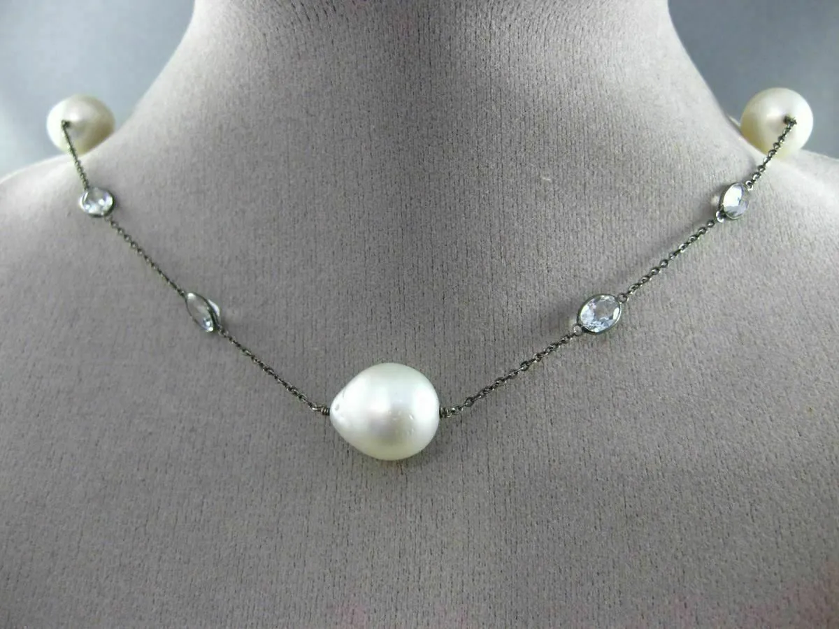 ANTIQUE LONG 14KT BLACK GOLD 3D TOPAZ & AAA SOUTH SEA PEARL BY THE YARD NECKLACE