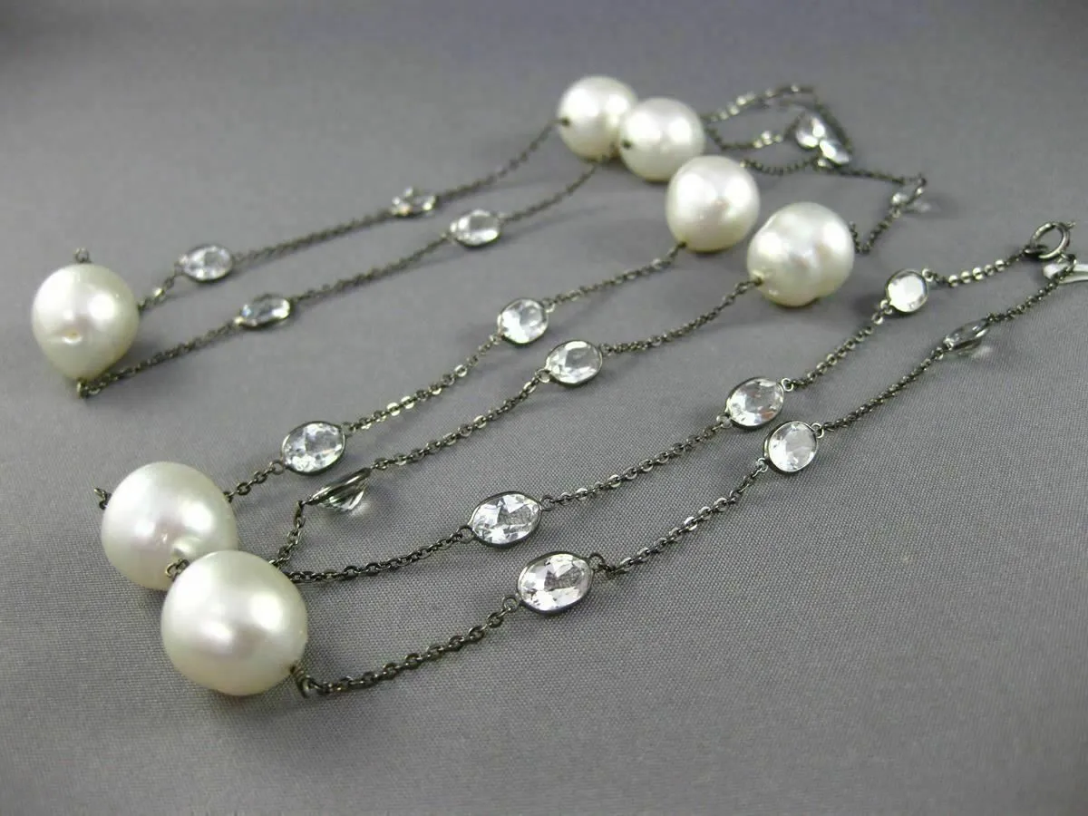 ANTIQUE LONG 14KT BLACK GOLD 3D TOPAZ & AAA SOUTH SEA PEARL BY THE YARD NECKLACE