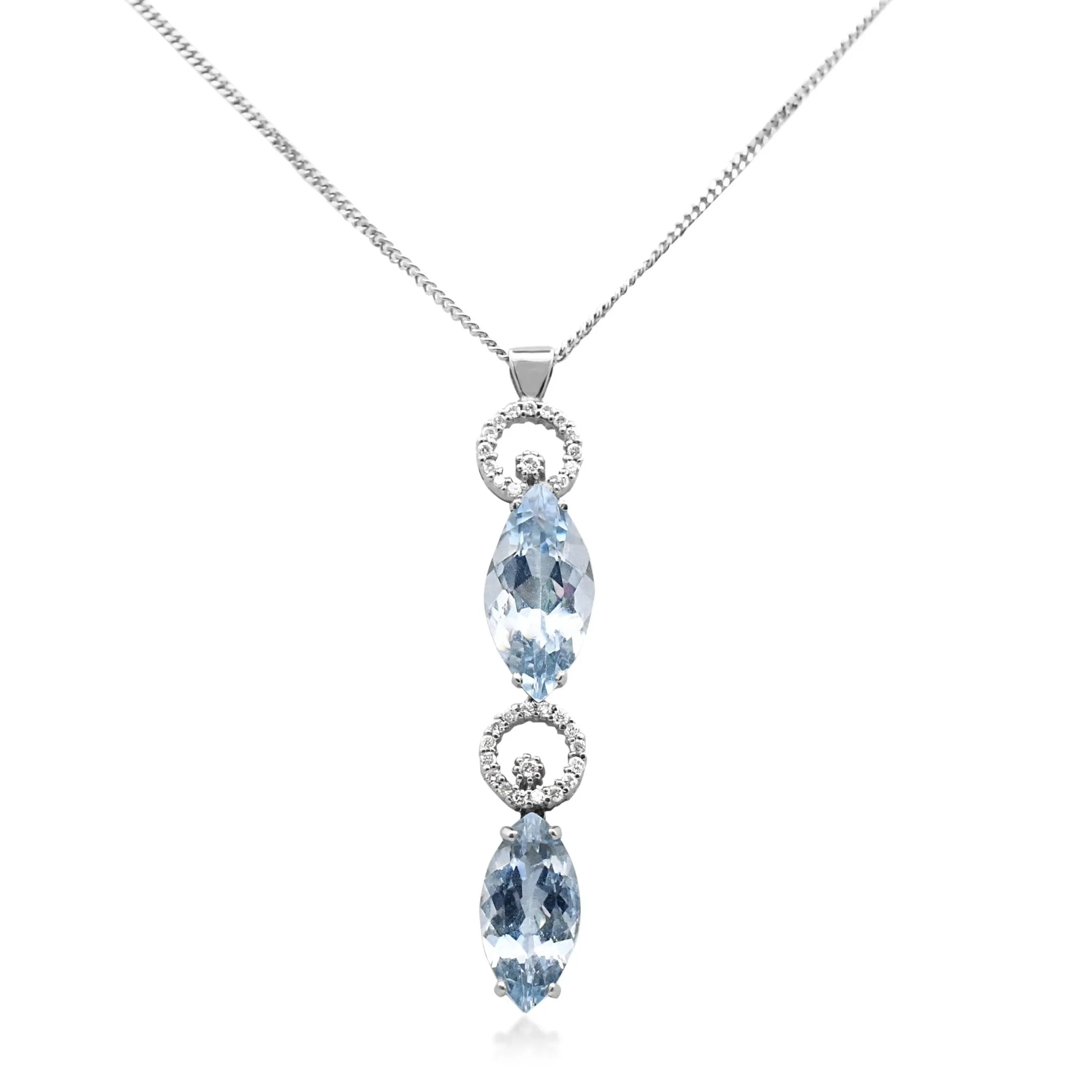 Aquamarine & Diamond Drop Pendant On 18" Necklace - 18ct White Gold