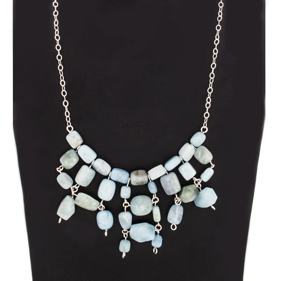Aquamarine Chuncky Bead Statement Necklace on Sterling Silver Chain