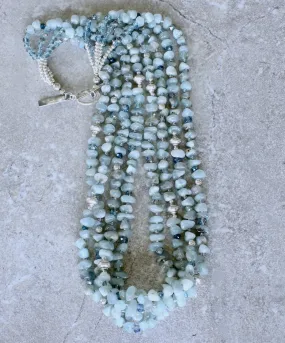 Aquamarine Nugget 4-Strand Necklace with Multi-Hued Czech Glass and Sterling Silver Beads & Toggle Clasp