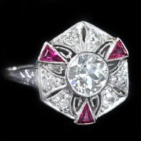 Art Deco 0.85 Carat Old European Cut Diamond and Ruby Ring