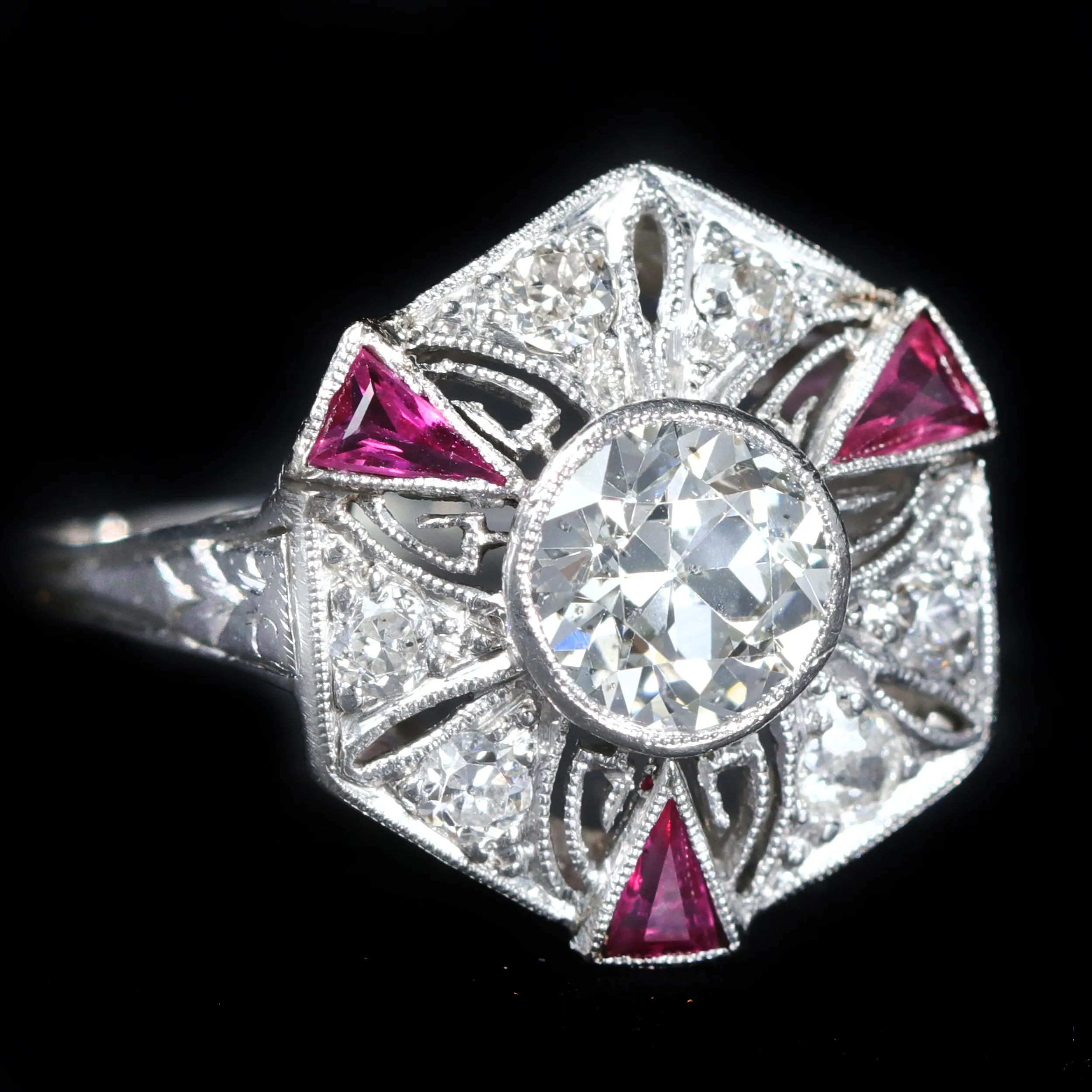 Art Deco 0.85 Carat Old European Cut Diamond and Ruby Ring