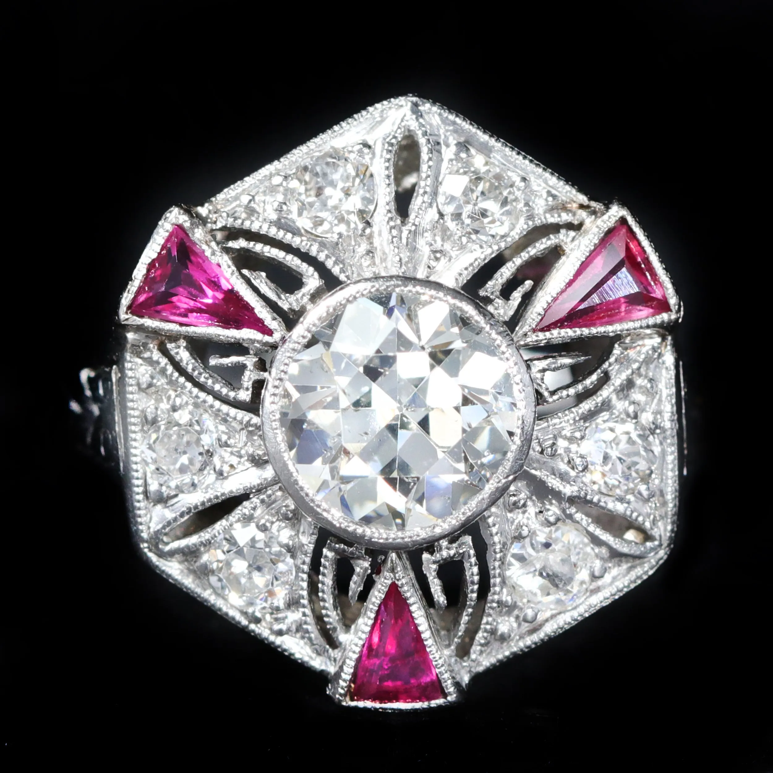 Art Deco 0.85 Carat Old European Cut Diamond and Ruby Ring