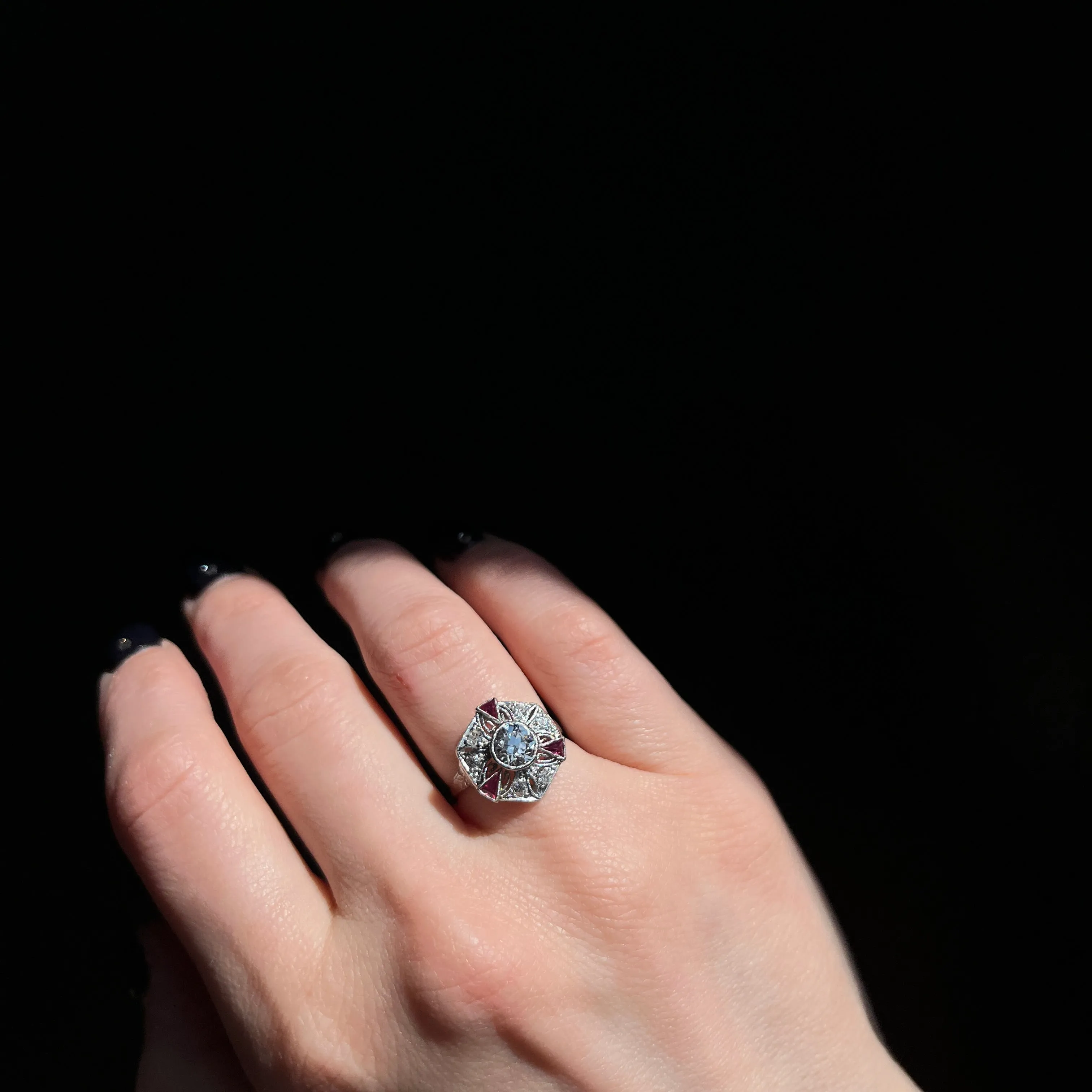 Art Deco 0.85 Carat Old European Cut Diamond and Ruby Ring