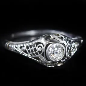 Art Deco 18K White Gold 0.36 Carat Old Mine Cut Diamond Engagement Ring
