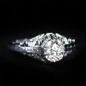 Art Deco 18K White Gold 0.62 Carat Old European Cut Diamond Ring