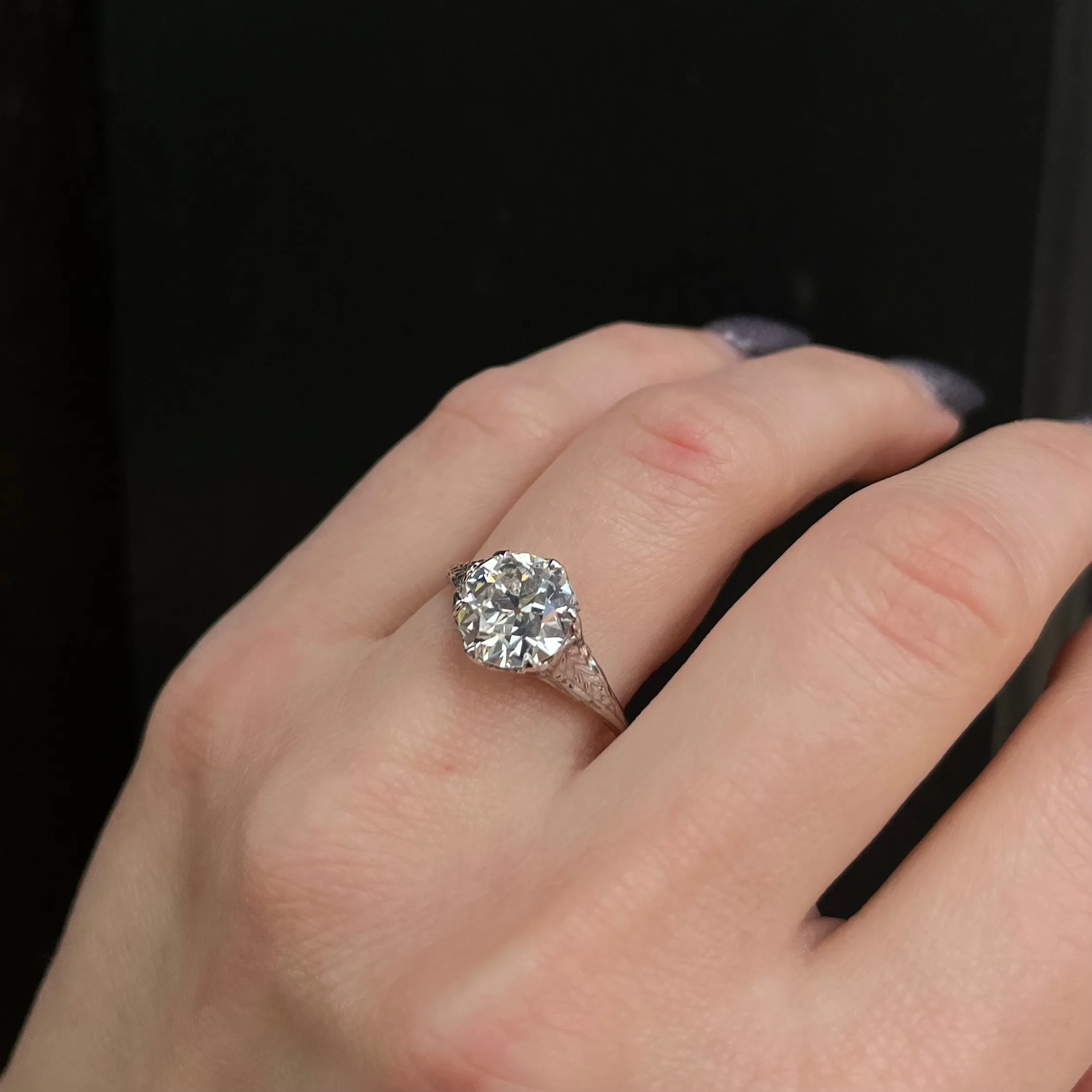 Art Deco 18k White Gold 2.50 Carat Old European Cut Diamond Engagement Ring