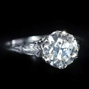 Art Deco 18k White Gold 2.50 Carat Old European Cut Diamond Engagement Ring