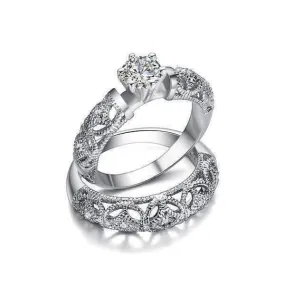 Art Deco Inspired Milgrain Filigree Band and CZ Solitaire Engagement Wedding Ring Set