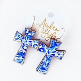 Audra Style Cross Dangle Earrings in Blue & White