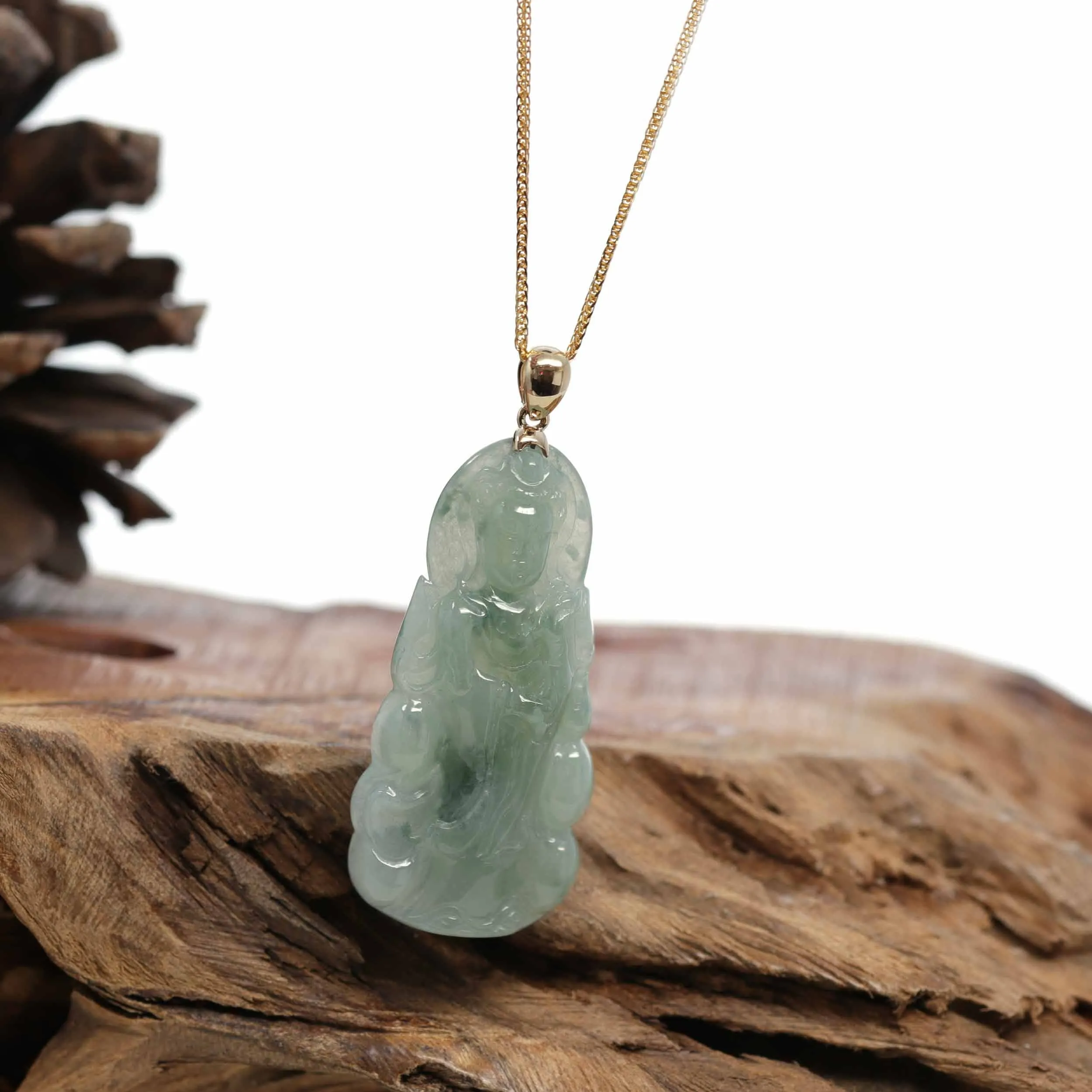 Baikalla 14k White Gold "Goddess of Compassion" Genuine Ice Blue Green Burmese Jadeite Jade Guanyin Necklace With Good Luck Design