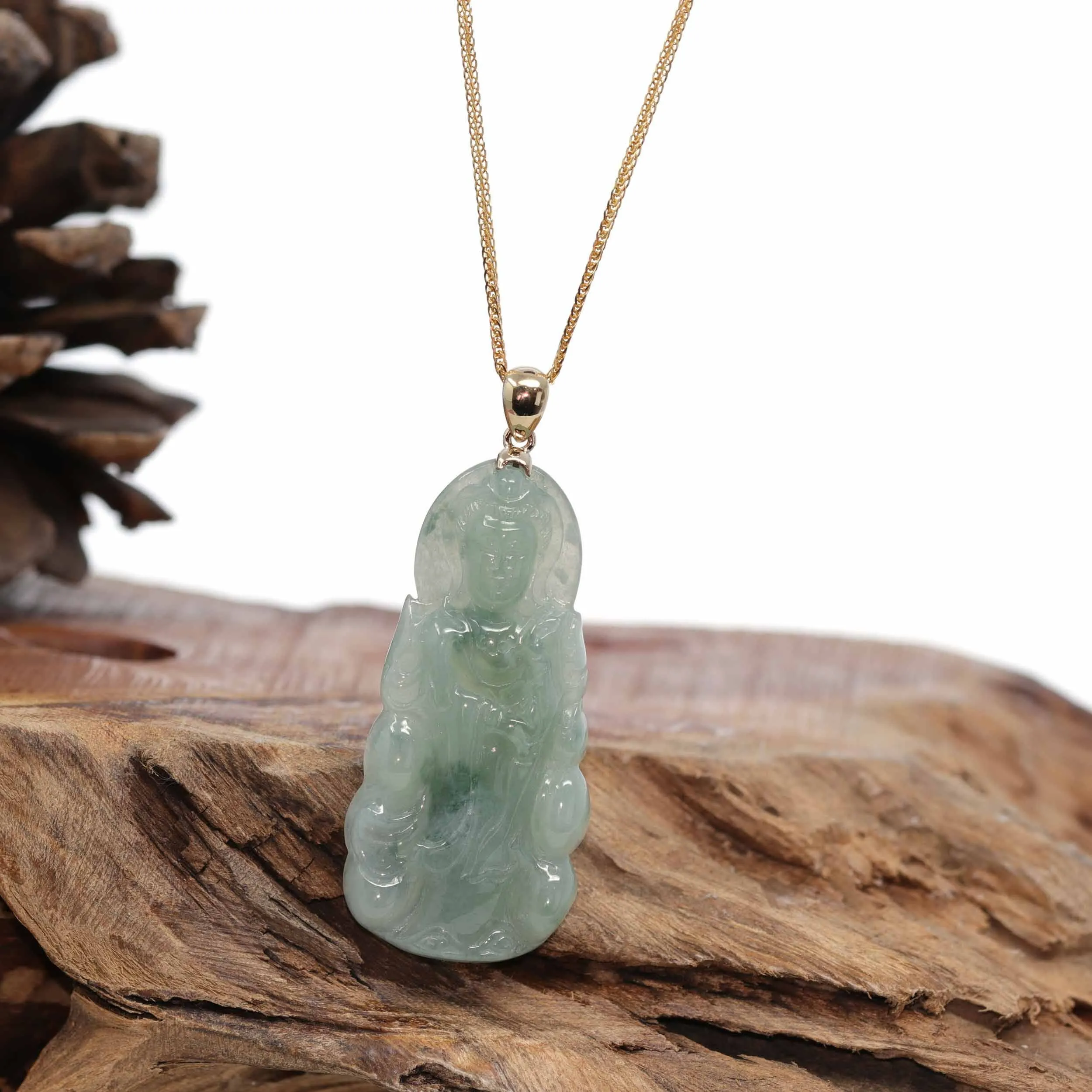 Baikalla 14k White Gold "Goddess of Compassion" Genuine Ice Blue Green Burmese Jadeite Jade Guanyin Necklace With Good Luck Design
