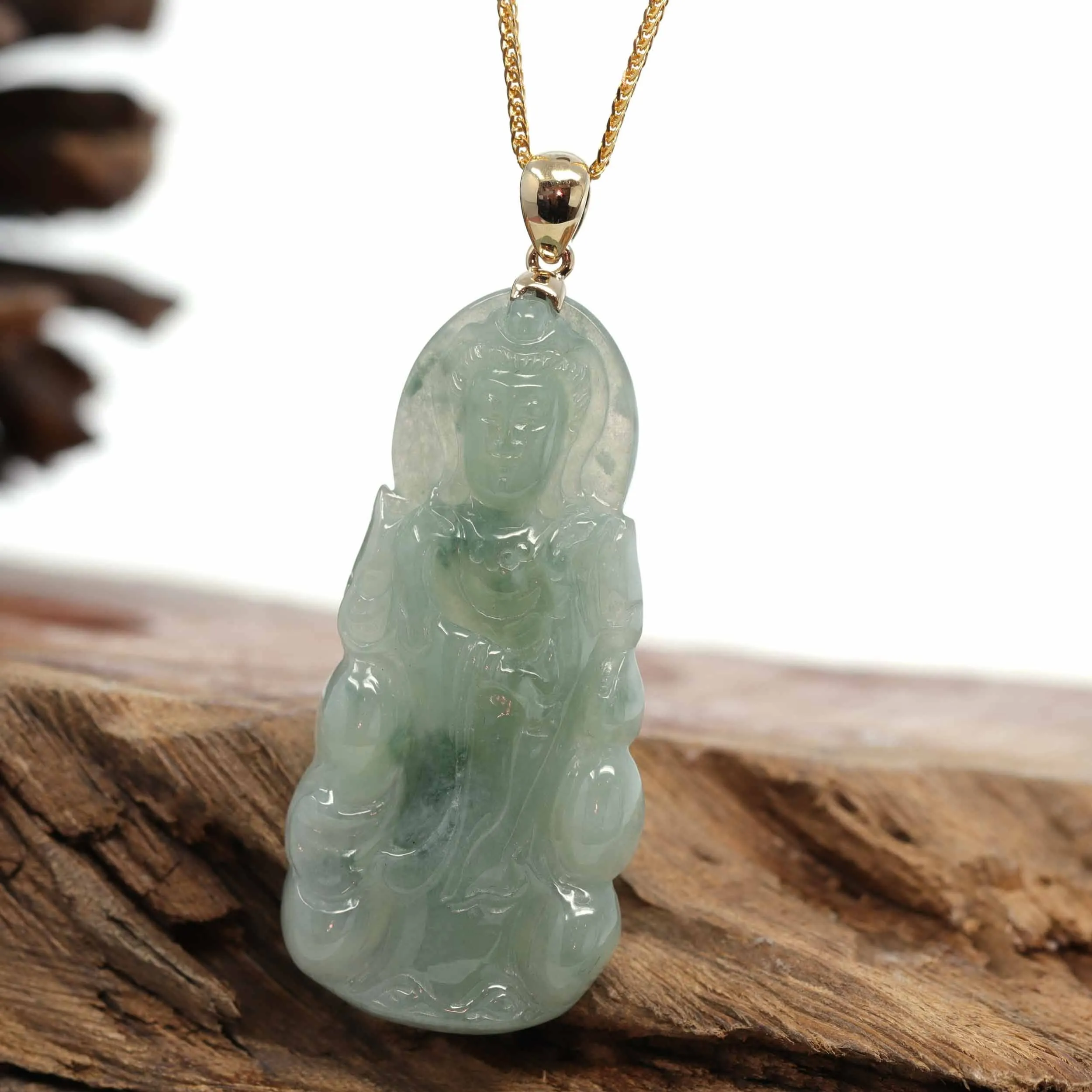 Baikalla 14k White Gold "Goddess of Compassion" Genuine Ice Blue Green Burmese Jadeite Jade Guanyin Necklace With Good Luck Design