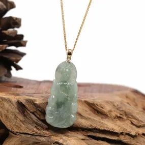 Baikalla 14k White Gold "Goddess of Compassion" Genuine Ice Blue Green Burmese Jadeite Jade Guanyin Necklace With Good Luck Design