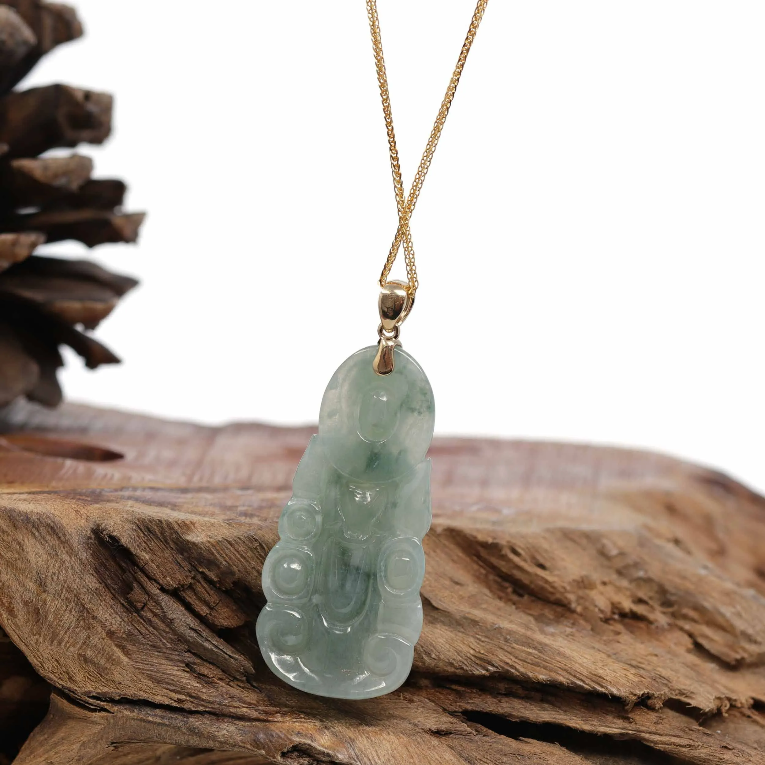 Baikalla 14k White Gold "Goddess of Compassion" Genuine Ice Blue Green Burmese Jadeite Jade Guanyin Necklace With Good Luck Design