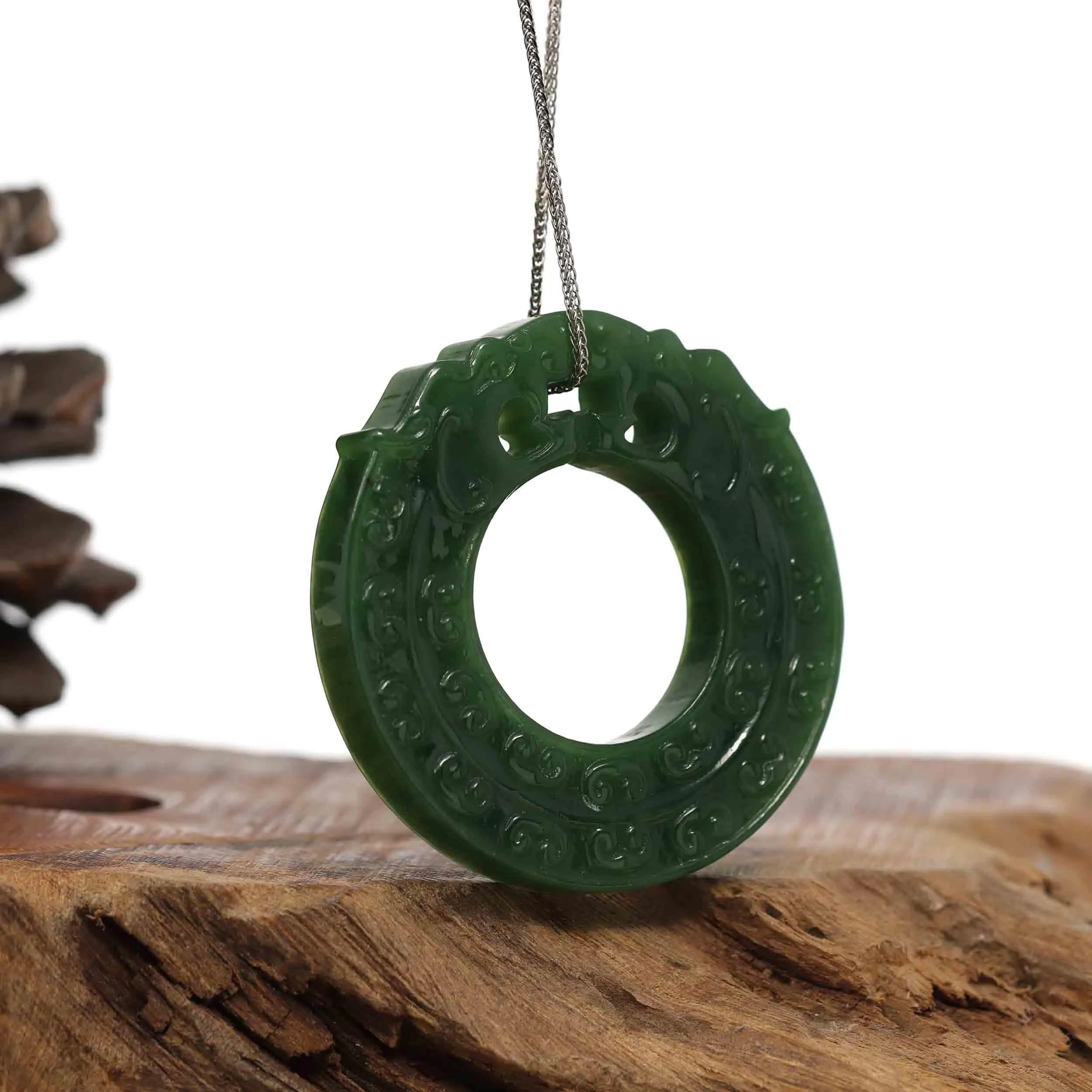 Baikalla™ " Double Dragon Good Fortune" Carving Pendant Necklace Natural Nephrite Jade