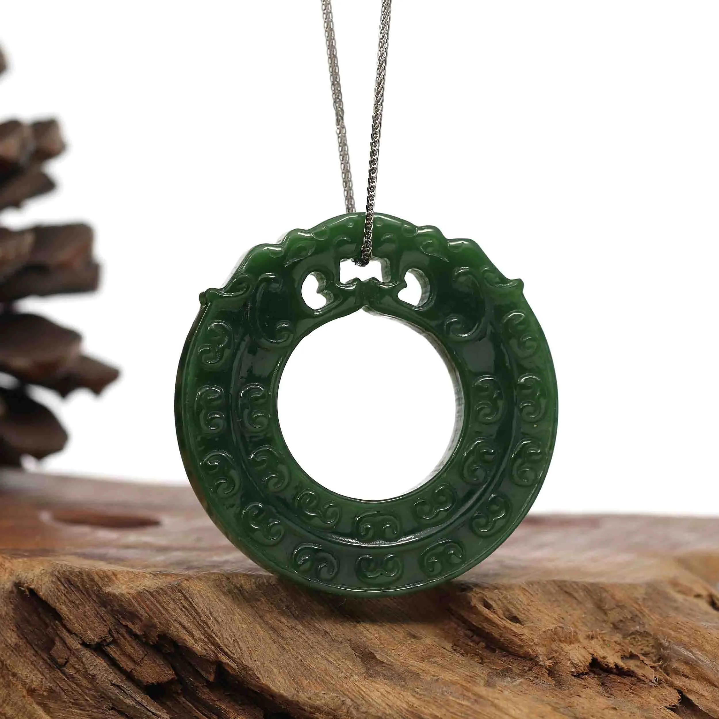 Baikalla™ " Double Dragon Good Fortune" Carving Pendant Necklace Natural Nephrite Jade