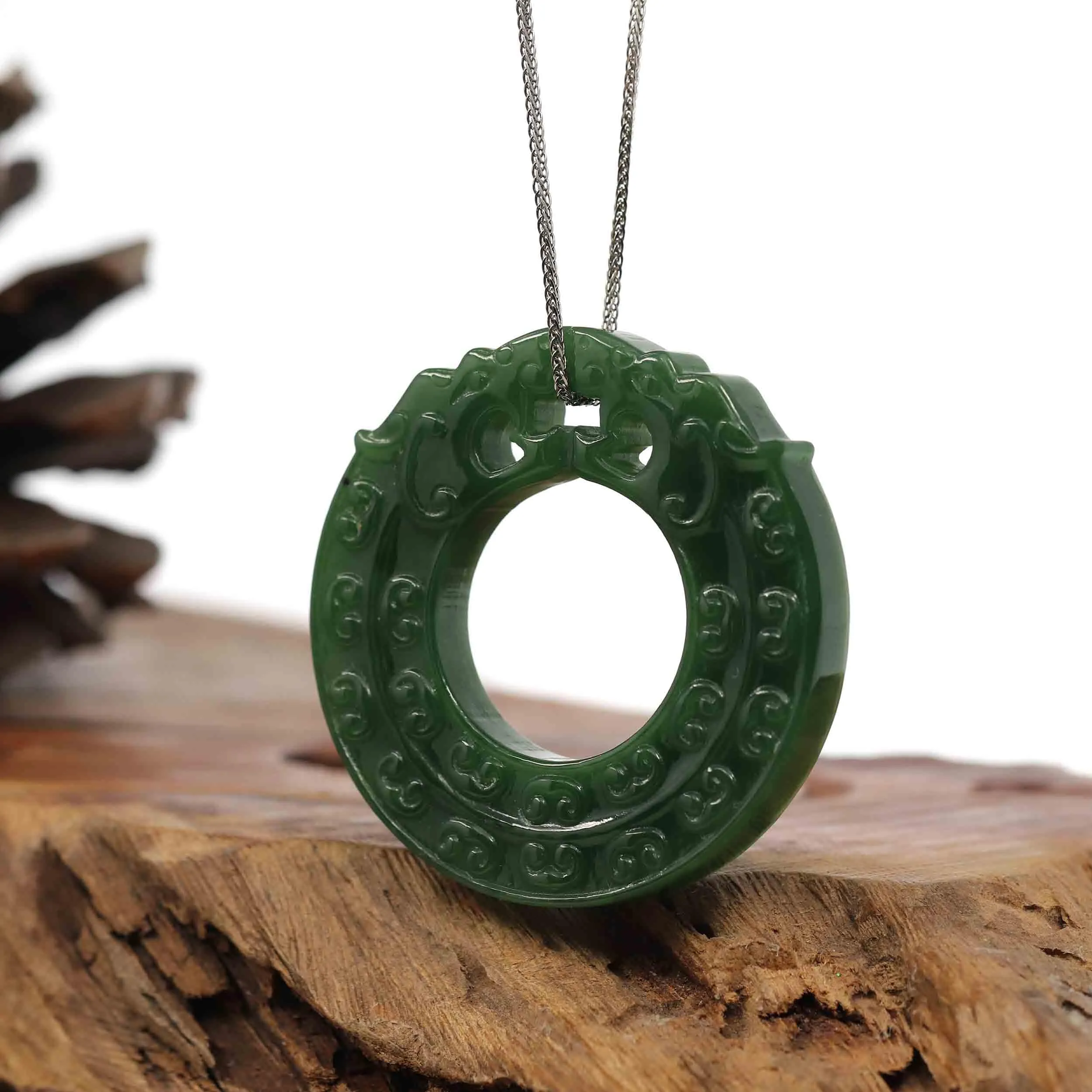 Baikalla™ " Double Dragon Good Fortune" Carving Pendant Necklace Natural Nephrite Jade