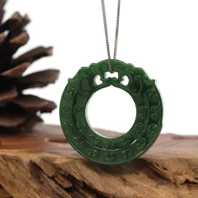 Baikalla™ " Double Dragon Good Fortune" Carving Pendant Necklace Natural Nephrite Jade