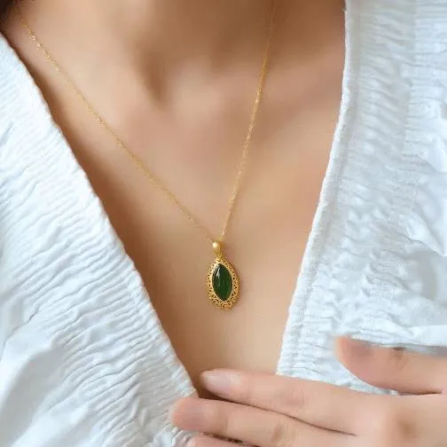 Baikalla™ "Classic Marquise" Sterling Silver Nephrite Green Jade Classic Marquise Pendant Necklace