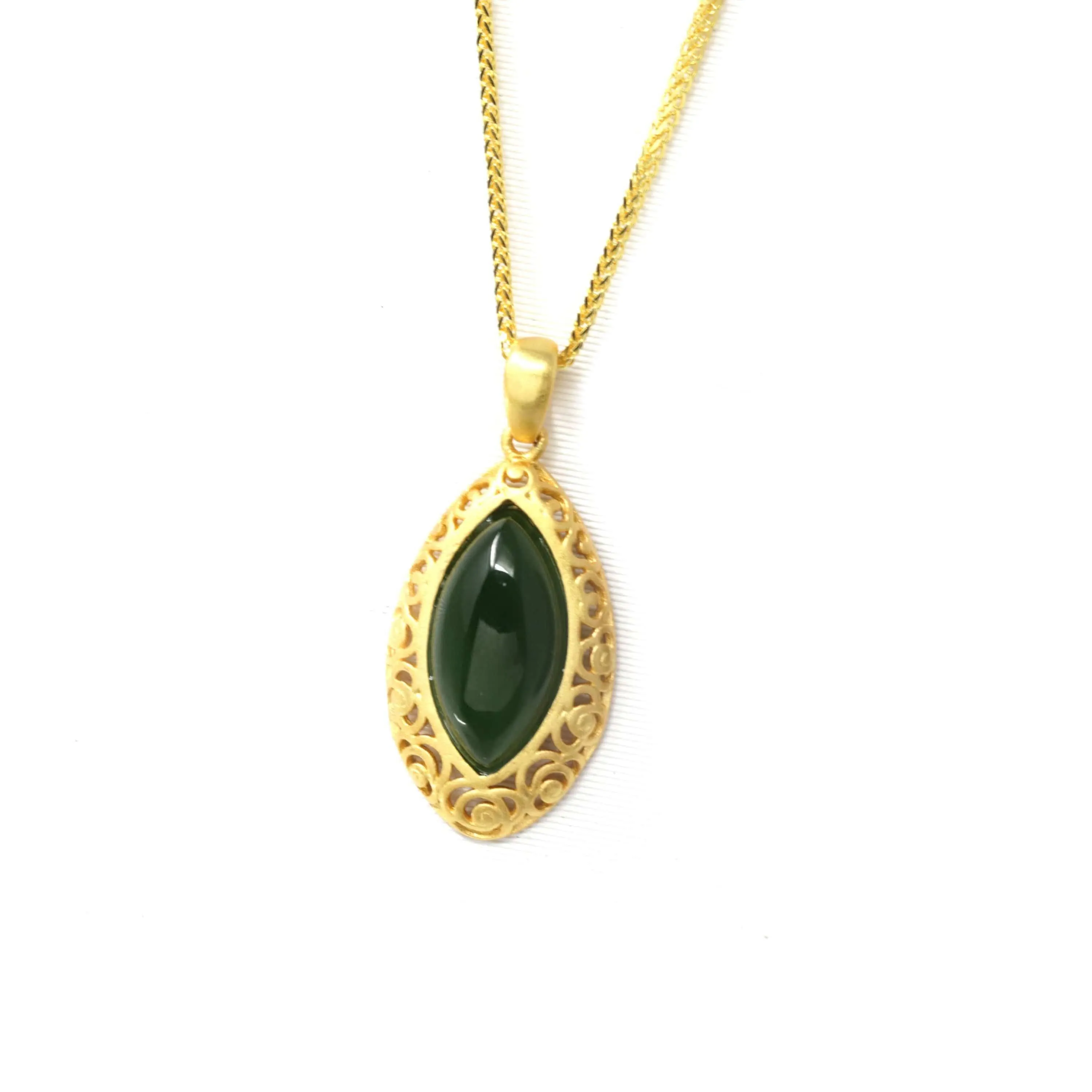 Baikalla™ "Classic Marquise" Sterling Silver Nephrite Green Jade Classic Marquise Pendant Necklace