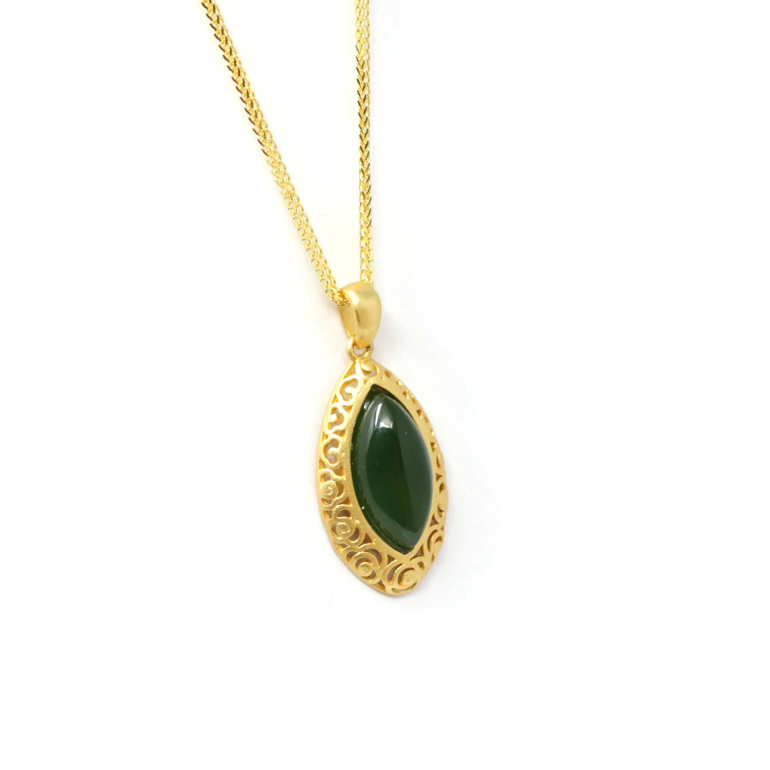 Baikalla™ "Classic Marquise" Sterling Silver Nephrite Green Jade Classic Marquise Pendant Necklace