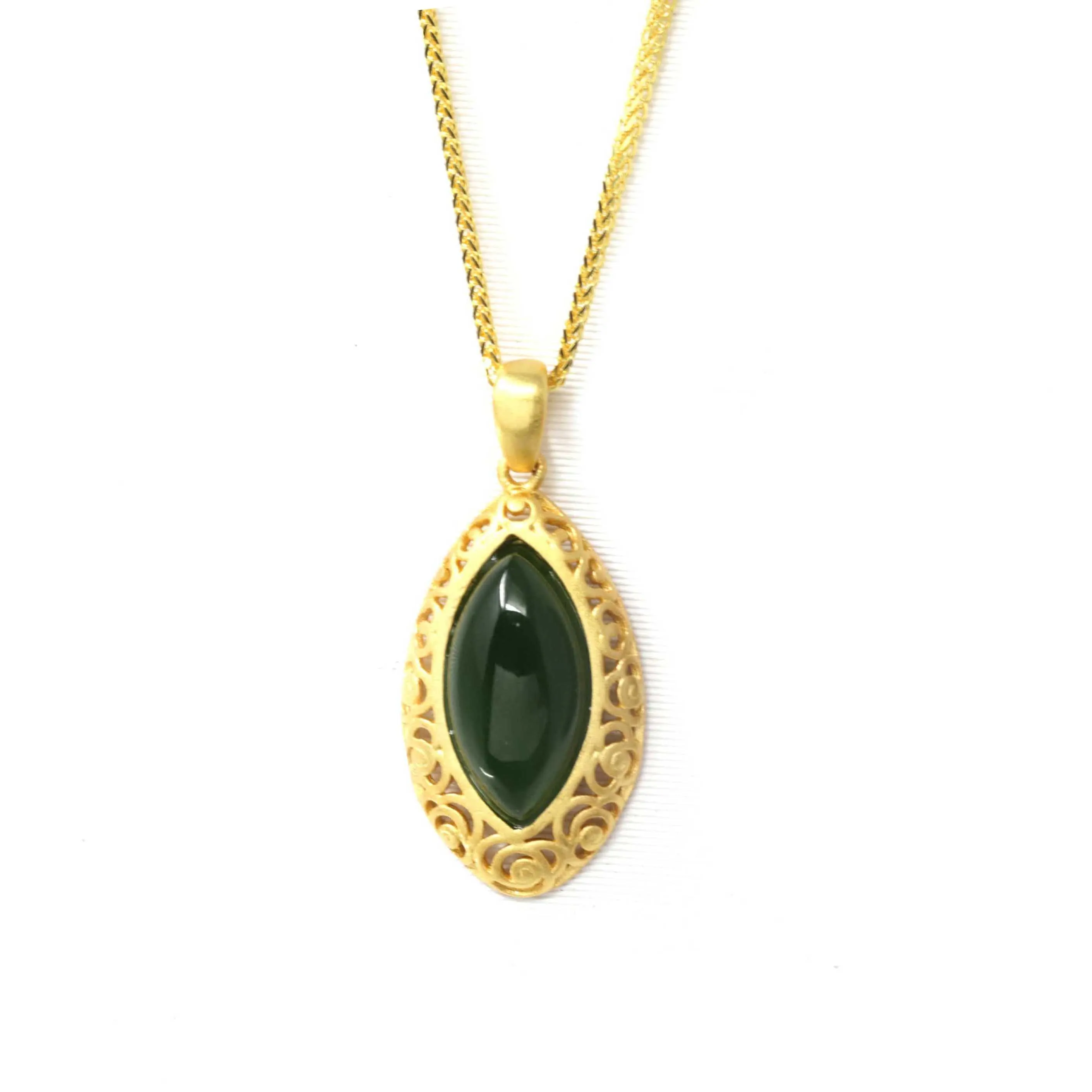 Baikalla™ "Classic Marquise" Sterling Silver Nephrite Green Jade Classic Marquise Pendant Necklace