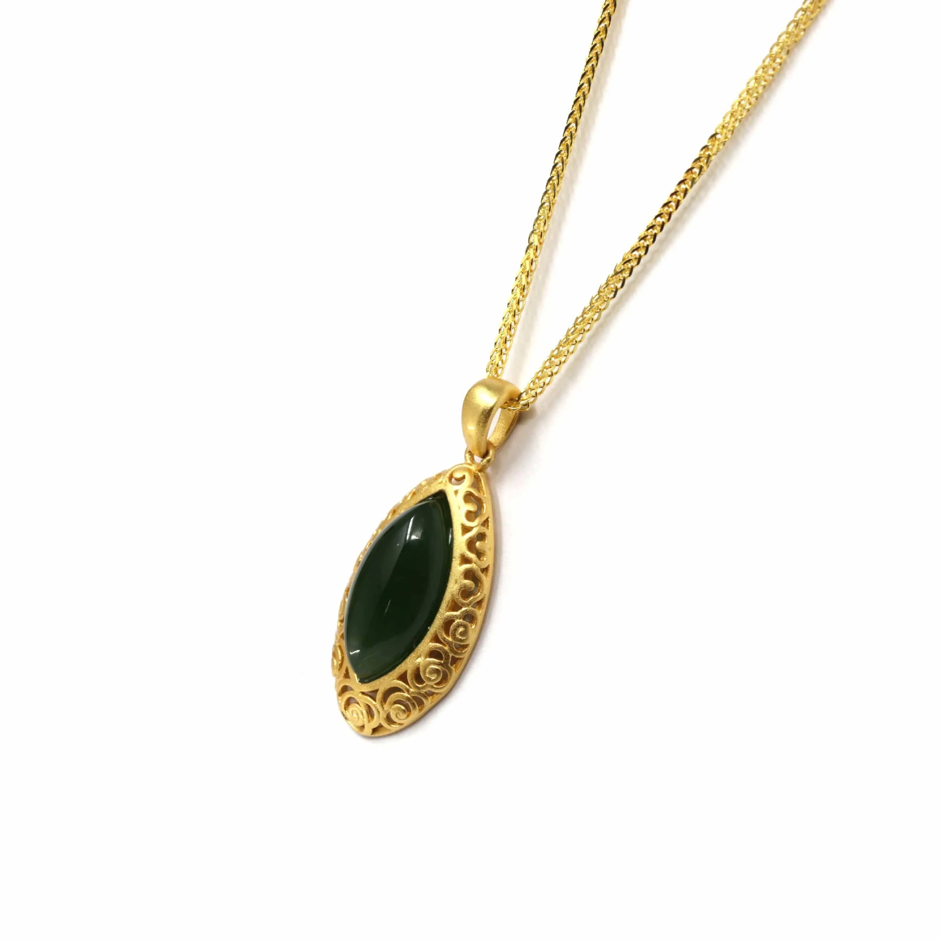 Baikalla™ "Classic Marquise" Sterling Silver Nephrite Green Jade Classic Marquise Pendant Necklace