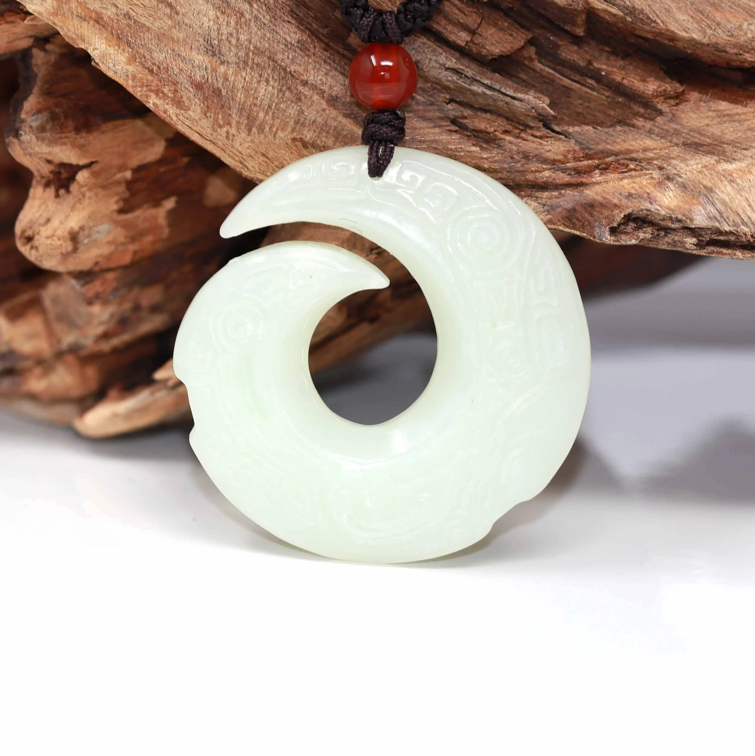 Baikalla™ "Dragon Good Luck Pattern" Genuine HeTian White Nephrite Jade Symbol Pendant Necklace