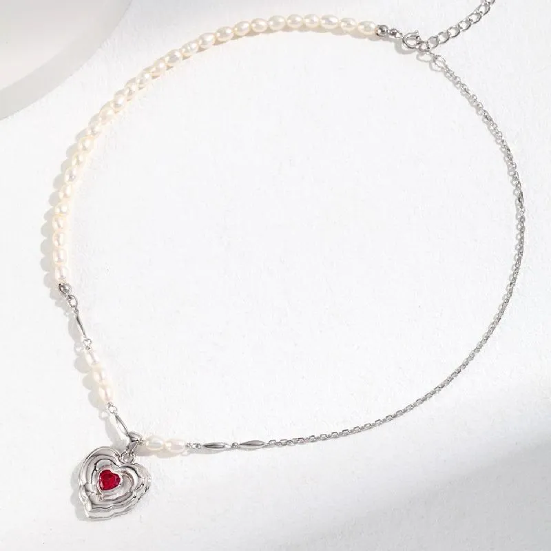 Balloon Heart Pendant Half Pearls and Half Chian Necklace