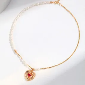 Balloon Heart Pendant Half Pearls and Half Chian Necklace