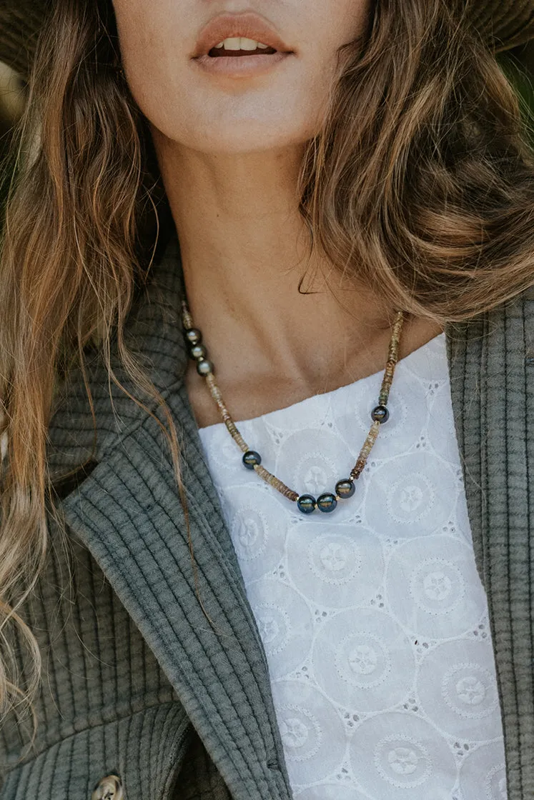 Beaded Necklace - Tahitian Pearl & Zircon 14K