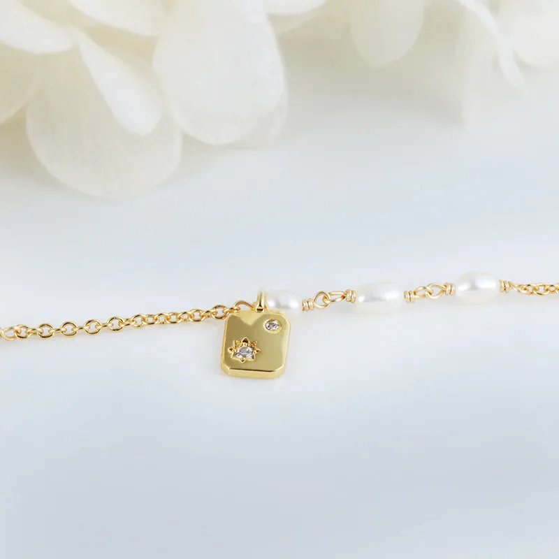 Beading Pearl Rectangular with Zircon Silver Necklace for Women