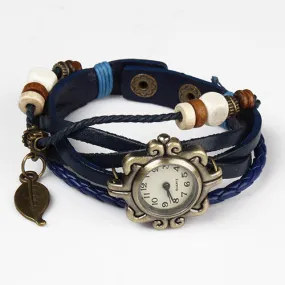 Beautiful Bohemian Style Retro Handmade Leather Tree Leaf Women\'s Watches-blue - Blue