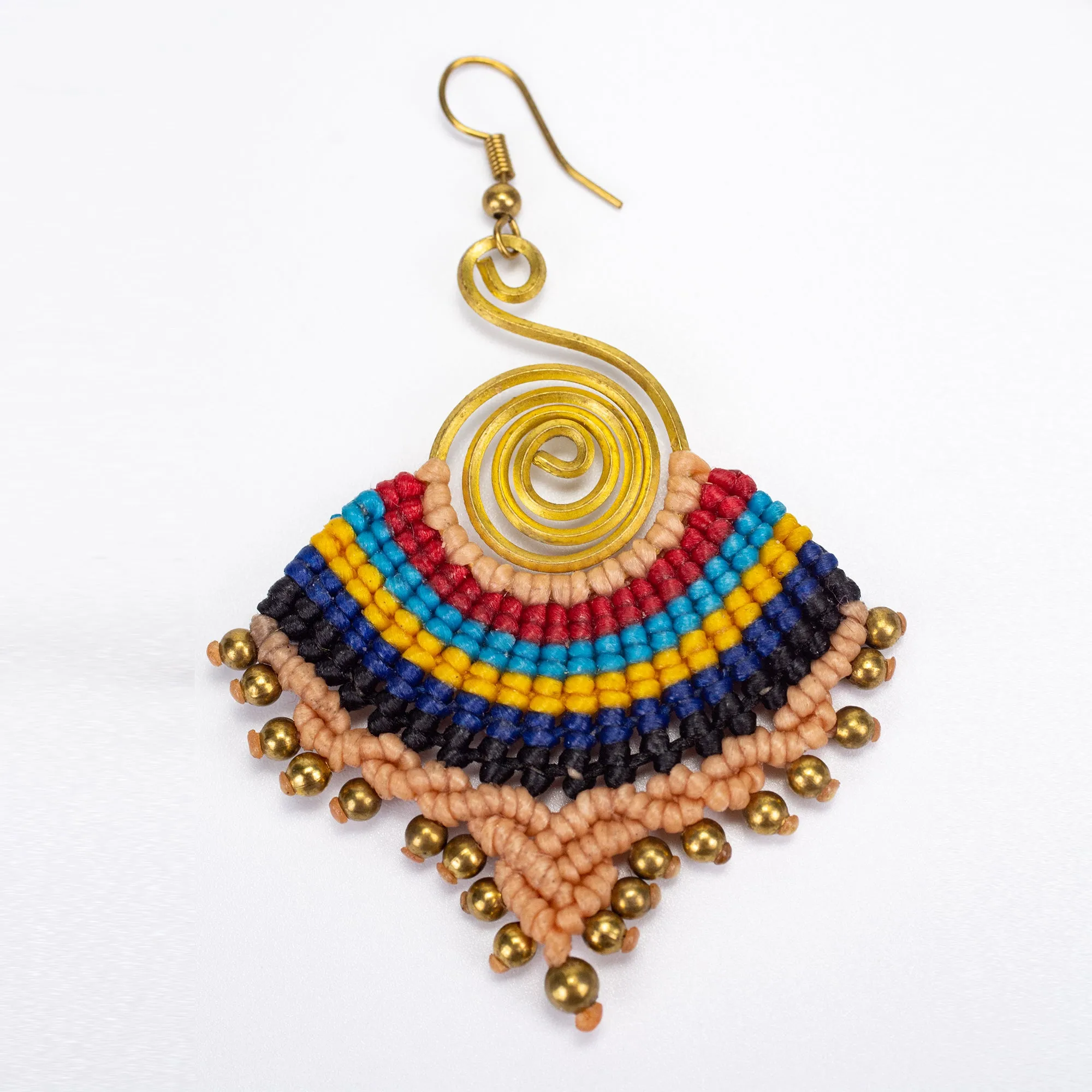 Beige Rainbow Waxed String Spiral Brass Earrings