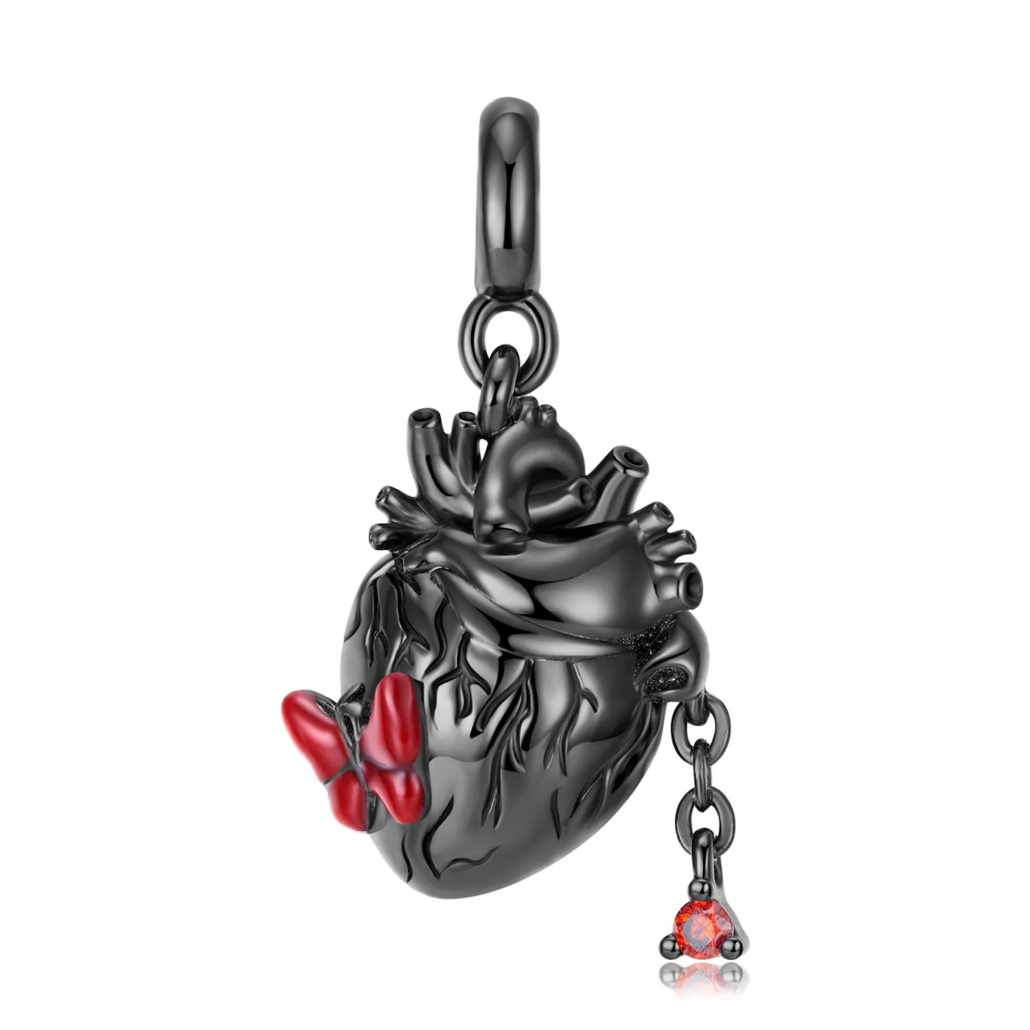 Black Cardiac Butterfly Red Zircon Silver Necklace