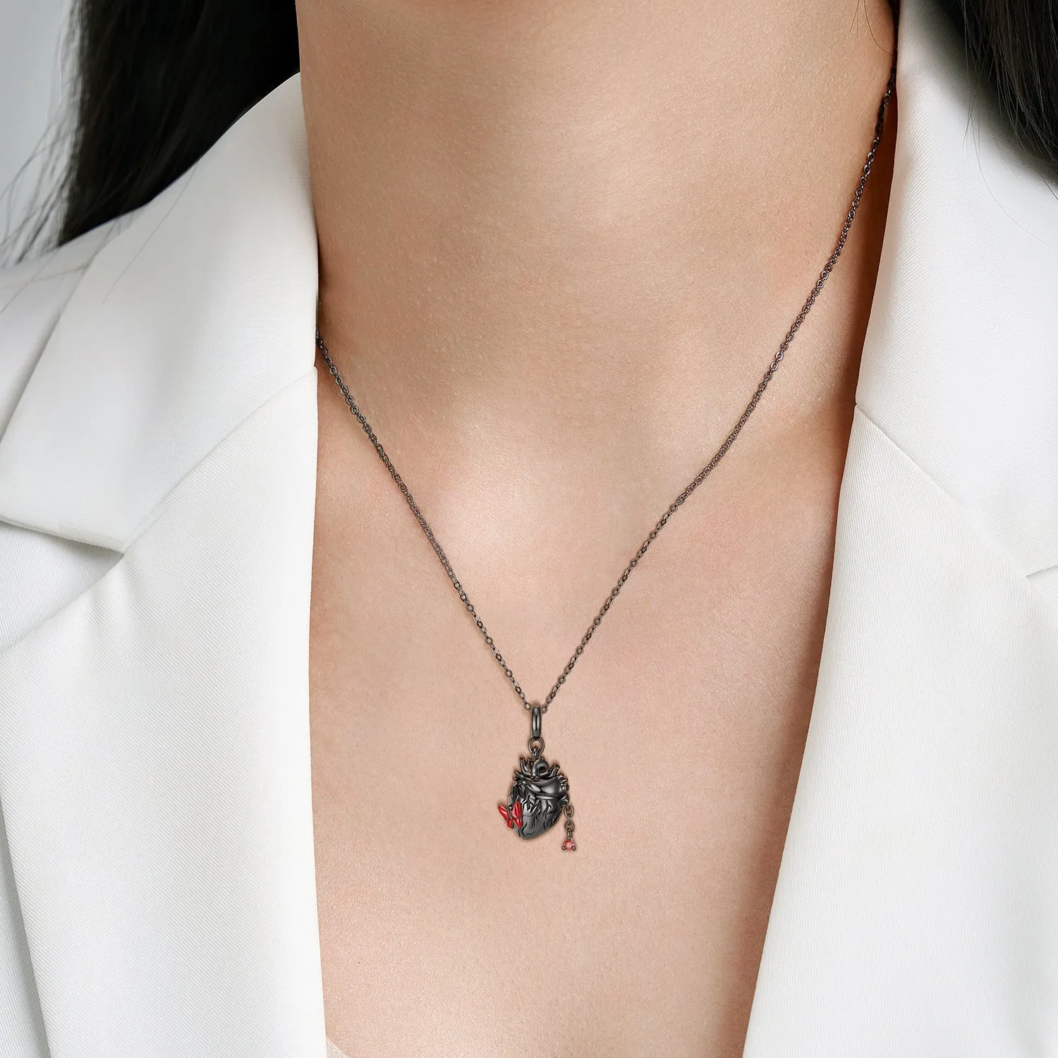 Black Cardiac Butterfly Red Zircon Silver Necklace
