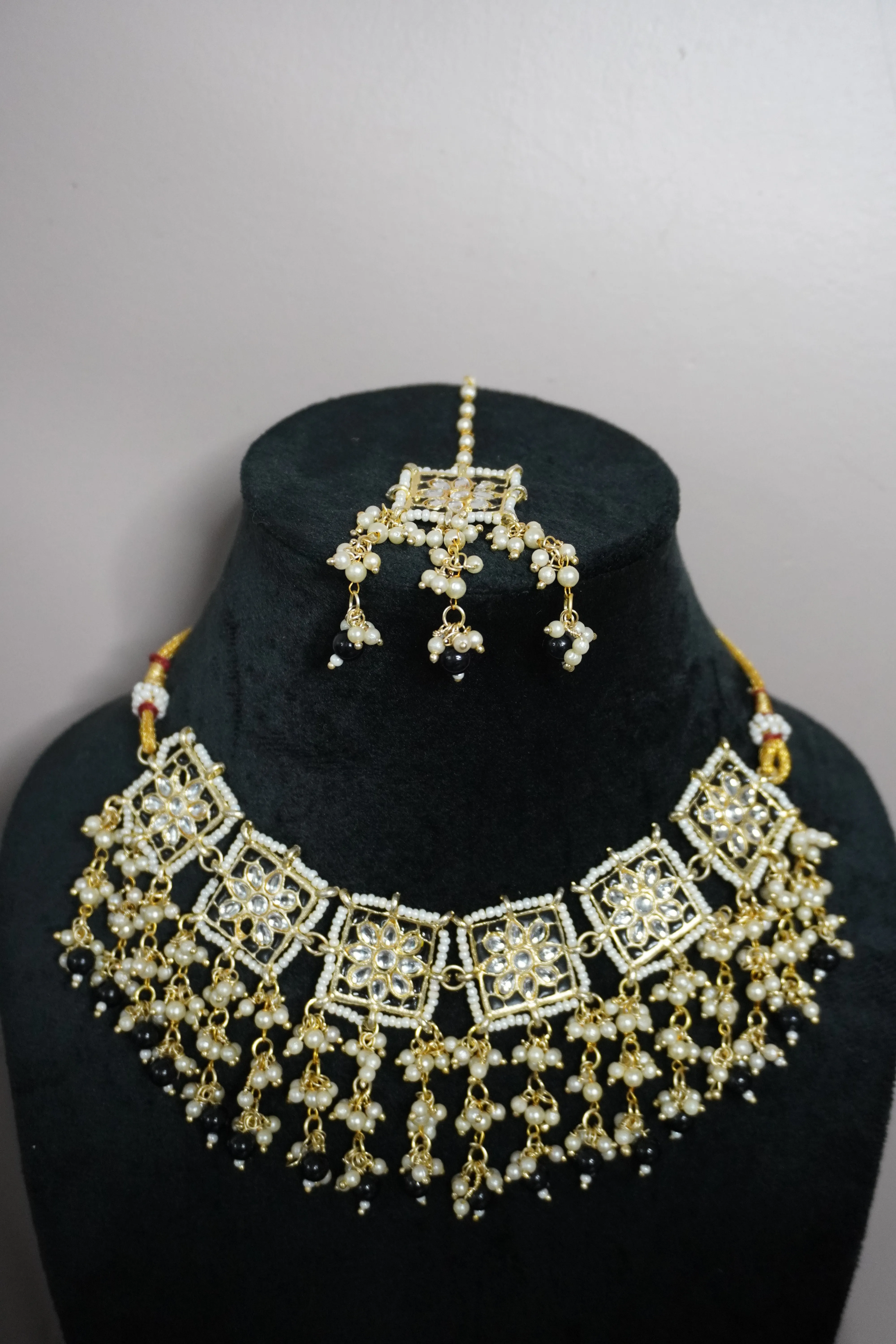 Black Colour Gold Plated Pearl Choker Necklace with Earring & Maang Tikka