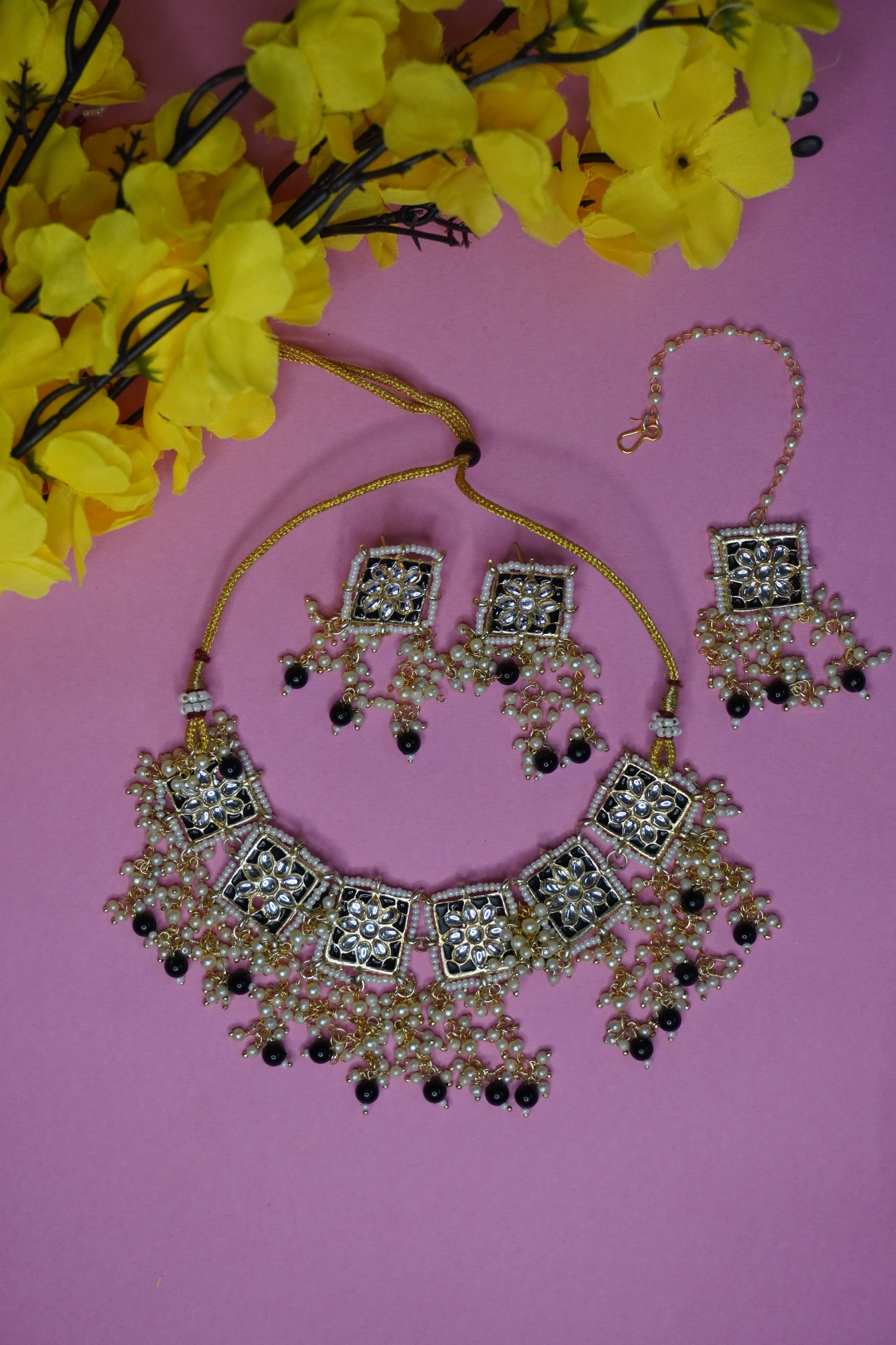 Black Colour Gold Plated Pearl Choker Necklace with Earring & Maang Tikka