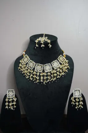 Black Colour Gold Plated Pearl Choker Necklace with Earring & Maang Tikka