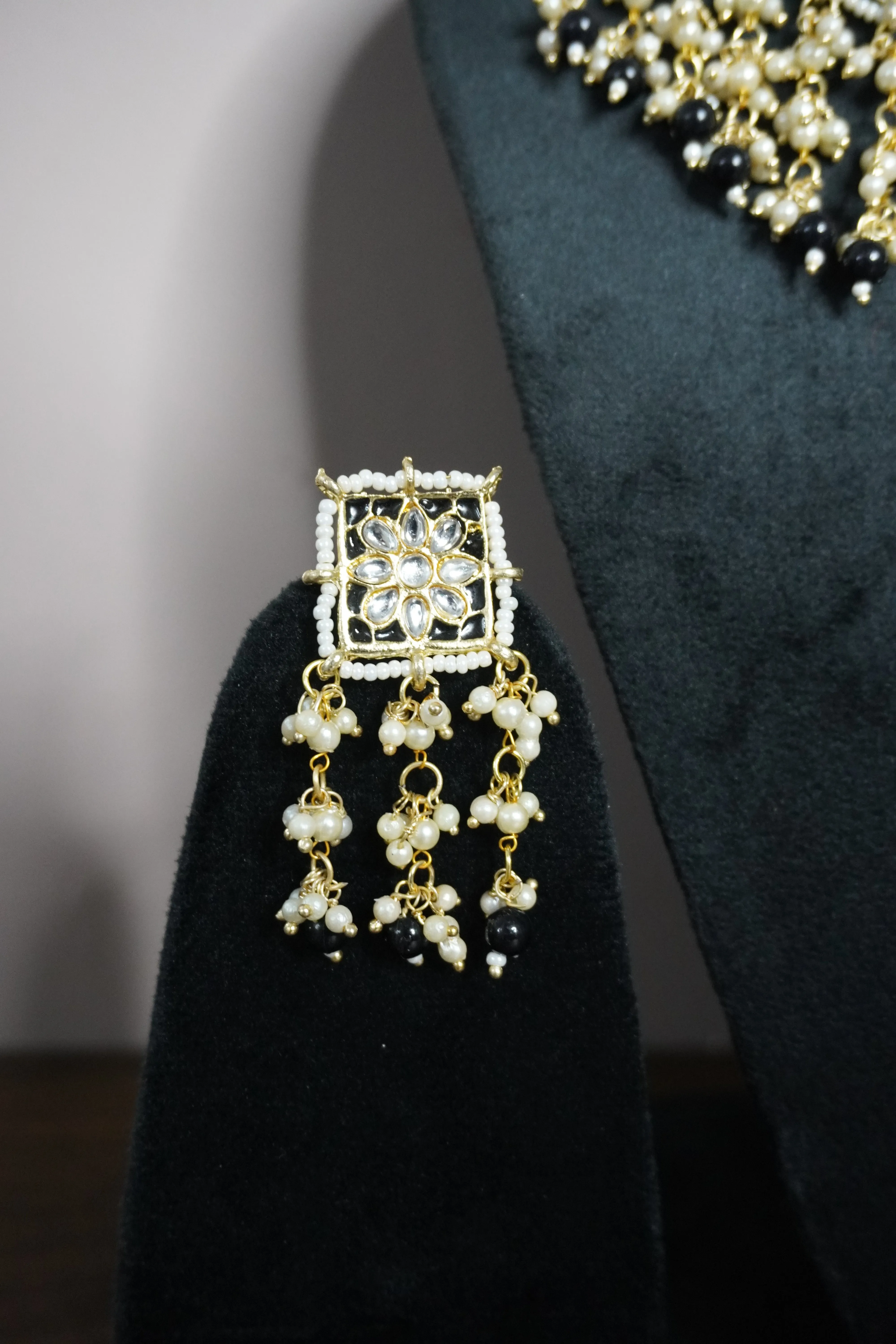 Black Colour Gold Plated Pearl Choker Necklace with Earring & Maang Tikka