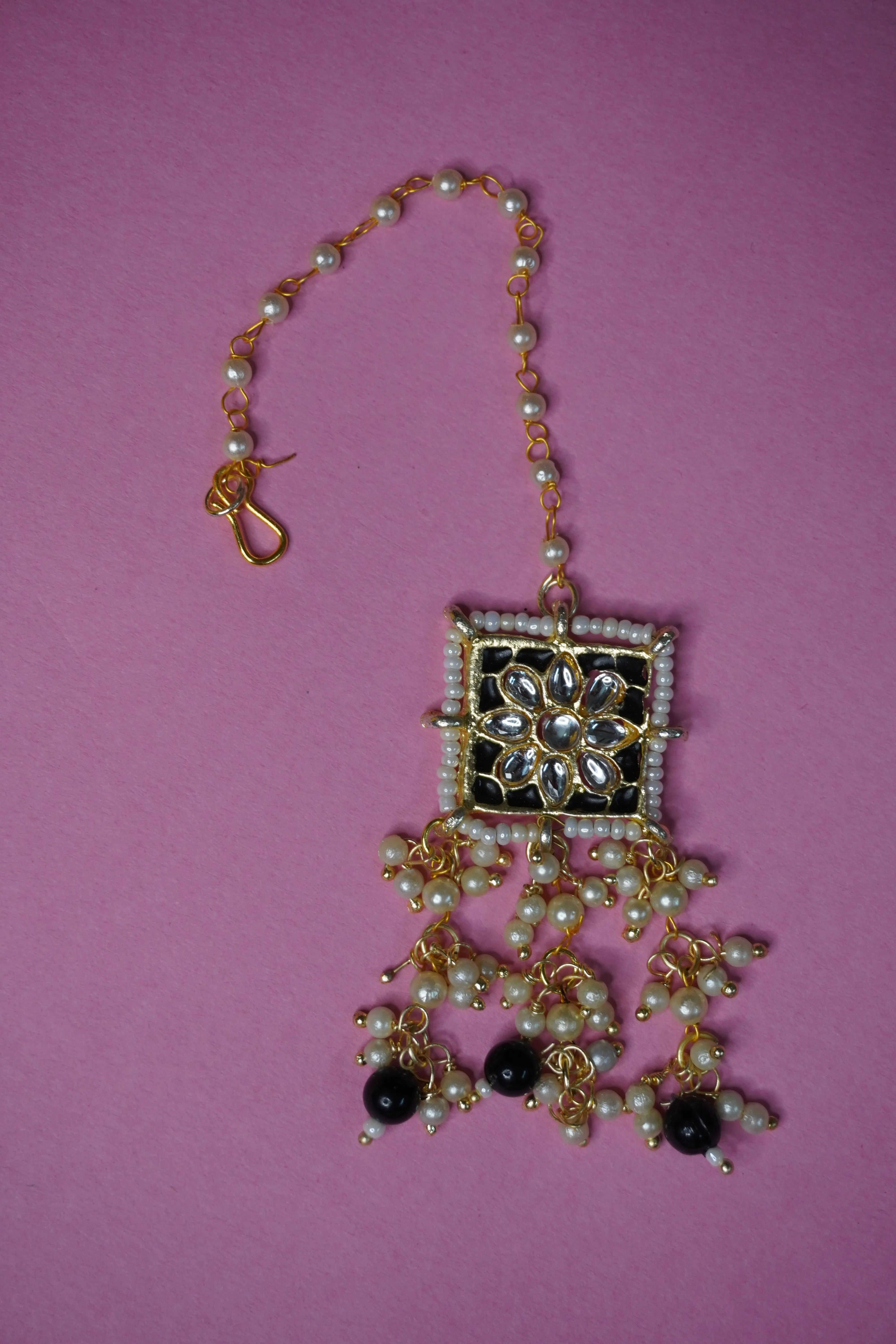 Black Colour Gold Plated Pearl Choker Necklace with Earring & Maang Tikka