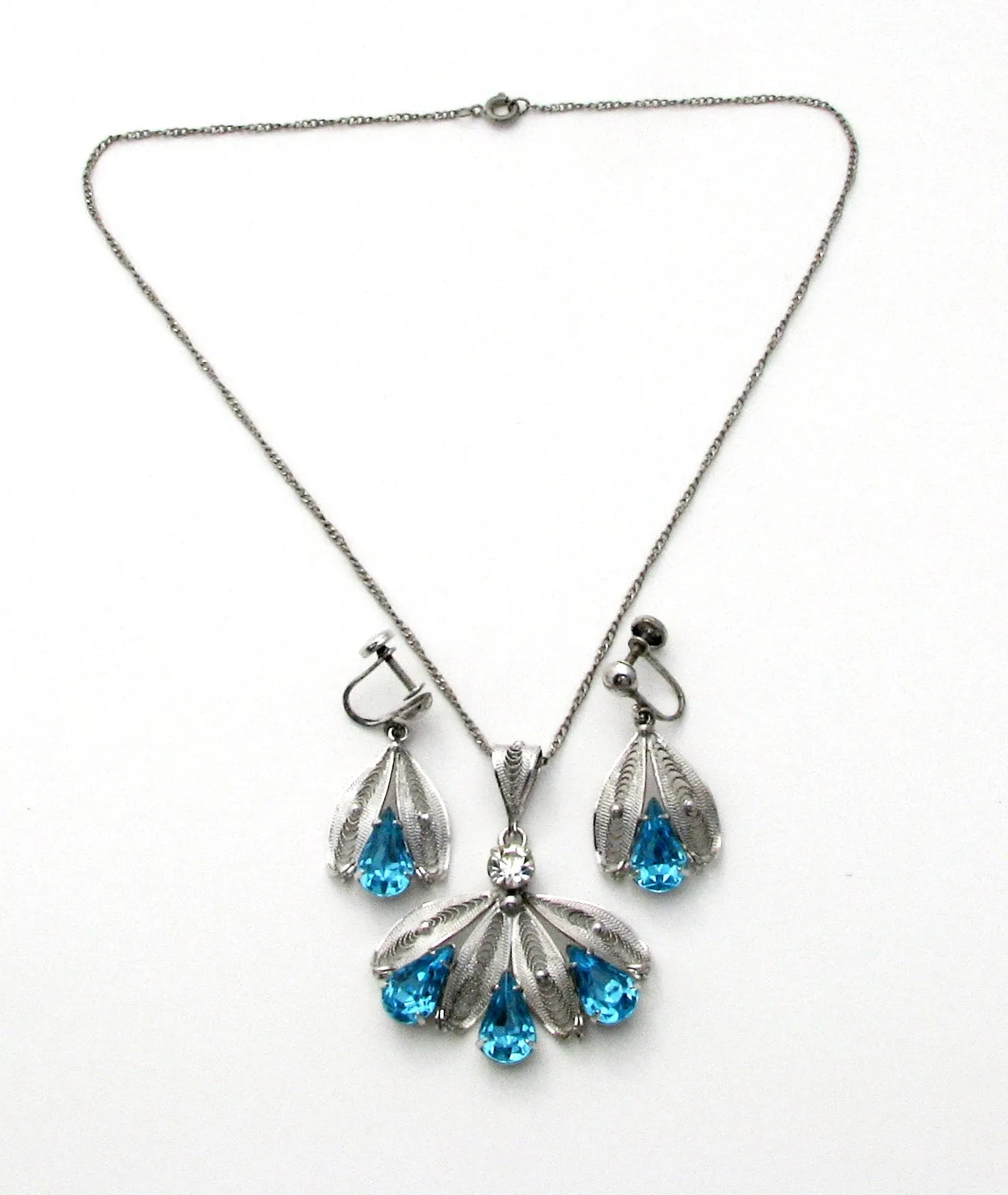 Blue Rhinestone Lavalier Silver Necklace Set