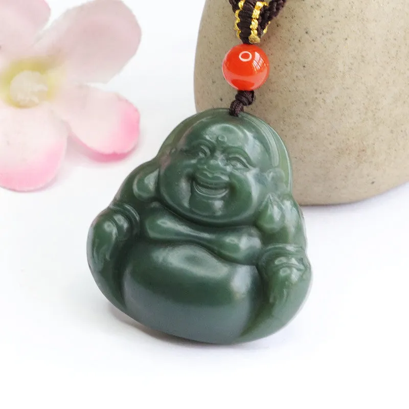 Buddha Pendant Necklace with Green Jade and Sterling Silver