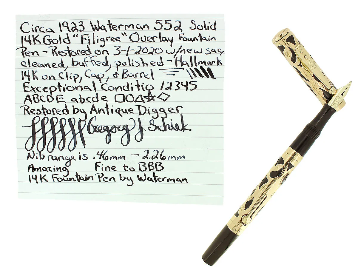 C1923 WATERMAN 552 SOLID 14K GOLD FILIGREE ART NOUVEAU OVERLAY FOUNTAIN PEN RESTORED