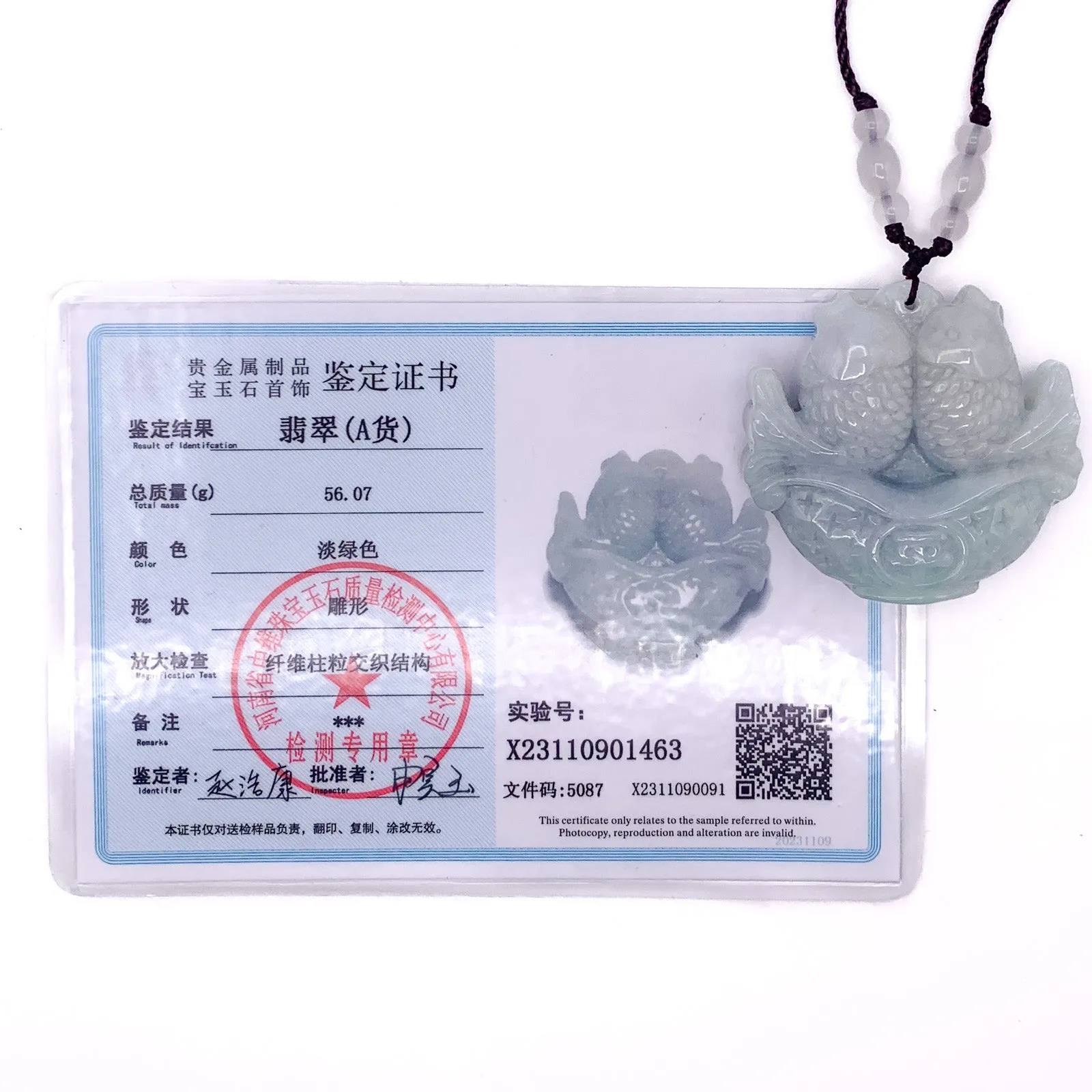 Certified Green Burma Natural A Jade Jadeite Carved Double Fish Safe Pendant Necklace