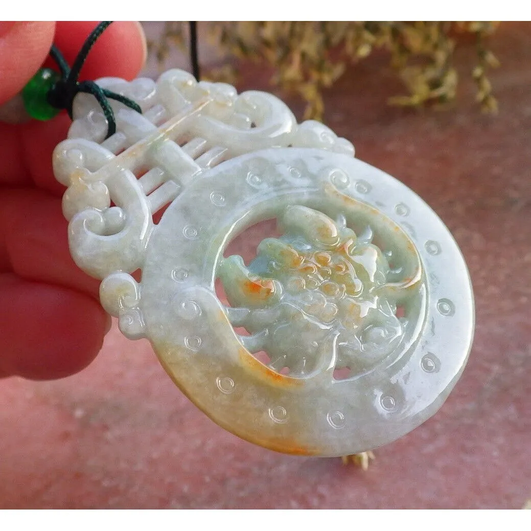 Certified Green Red Burma Natural A Jade Jadeite Pendant Dragon Longevity Necklace